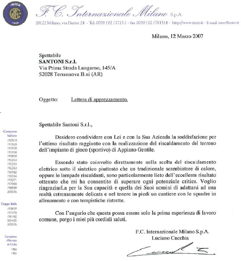 lettera ringraziamento inter per skid 12 03 2007